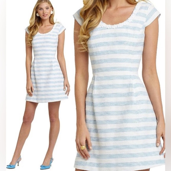 Lilly Pulitzer Rylan Flutter Blue Lurex Boucle Stripe Daisy Pearl Lace Dress Sz6 - Picture 1 of 15